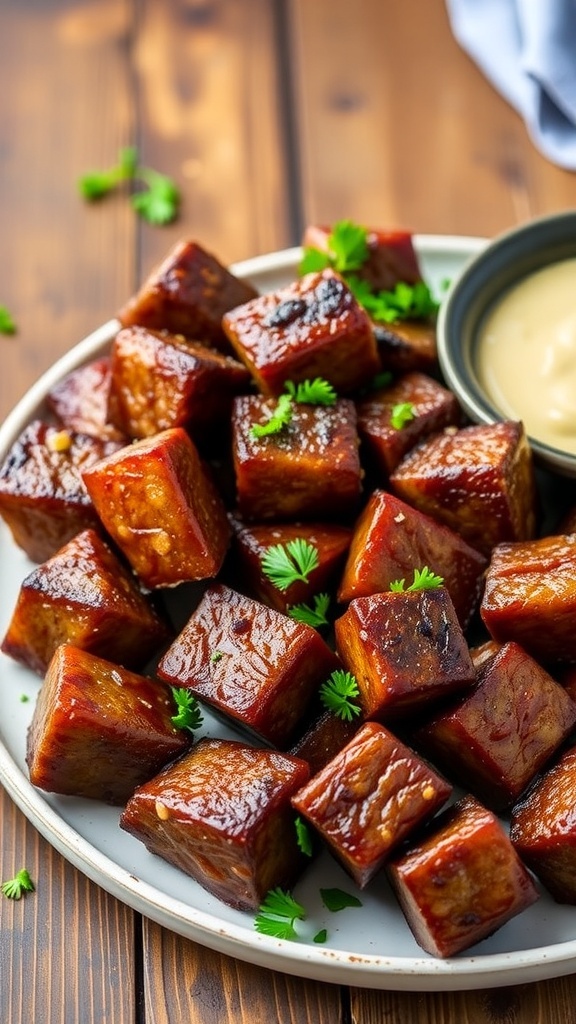 Juicy air fryer steak bites garnished with parsley on a rustic wooden table with dipping sauce.